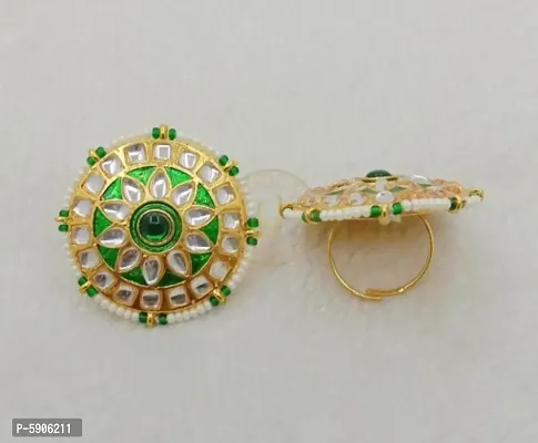 Antique Design Green Stone With Kundan Adjustable Ring