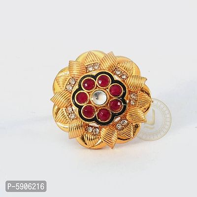 Lotus Design With Red Onyx Meenakari Adjustable Ring-thumb0