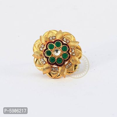 Lotus Design With Green Onyx Meenakari Adjustable Ring