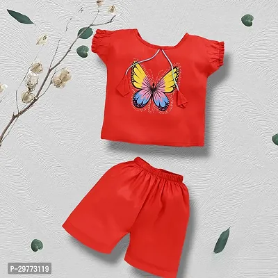 Elegant Red Cotton Blend Butterfly Printed Summer Top With Bottom Set for Kids-thumb0