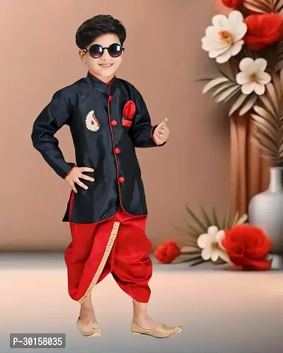 Trendy Cotton Blend Black  Sherwani with Red Dhoti For Kids-thumb0