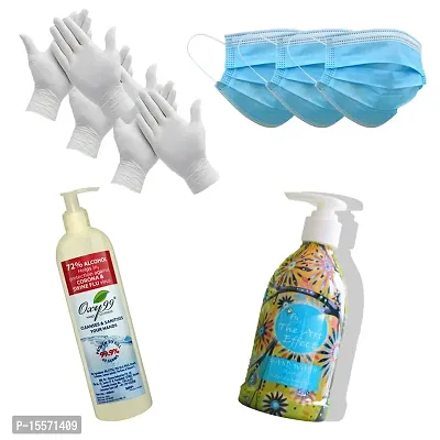 Just Peachy Germ Prevention Protection Kit (3 Ply Face Masks, Hand Sanitizer, Gloves, Hand Wash)