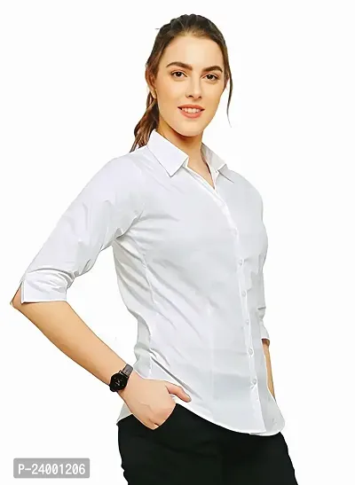 Elegant White Cotton Blend Solid Shirt For Women-thumb0