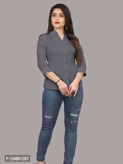 Elegant Grey Cotton Blend Solid Shirt For Women-thumb5