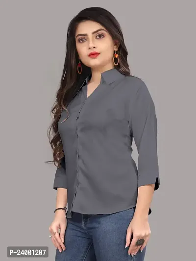 Elegant Grey Cotton Blend Solid Shirt For Women-thumb3