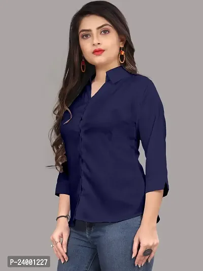 Elegant Navy Blue Cotton Blend Solid Shirt For Women-thumb5