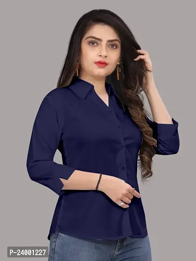 Elegant Navy Blue Cotton Blend Solid Shirt For Women-thumb4