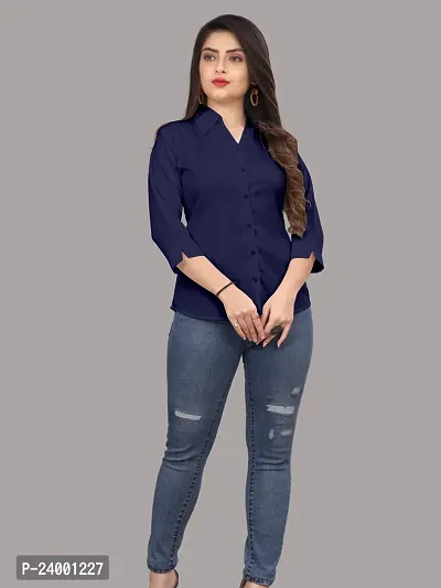 Elegant Navy Blue Cotton Blend Solid Shirt For Women-thumb3