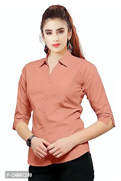 Elegant Peach Cotton Blend Solid Shirt For Women