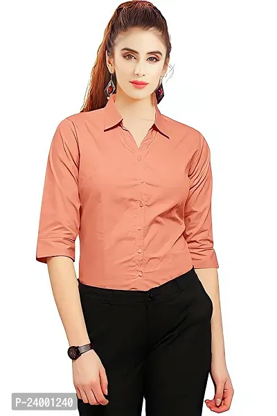 Elegant Peach Cotton Blend Solid Shirt For Women-thumb3