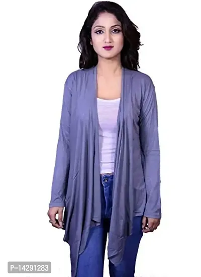 Kanchan World Women's Rayon Henley Neck High-Low Full Sleeve Grey Shrug - Medium