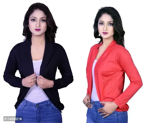 Kanchan World Women High-Low Full Sleeve Two Color Combo Set of 2 Plain Shrug