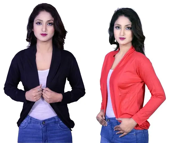 Kanchan World Women High-Low Full Sleeve Two Color Combo Set of 2 Plain Shrug