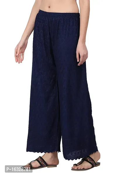 EZIA OUTFIT Chikankari Rayon Wide-Leg Palazzo (Navy Blue)-thumb3