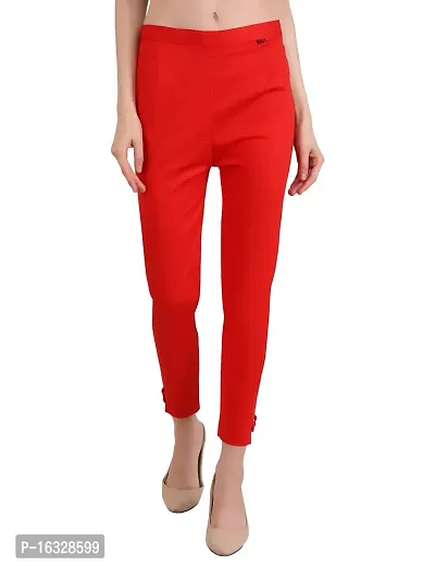Women's Straight Fit Trousers Cotton Pants for Women Regular Elastic Waist Ankle Length Imported Cotton Casual Trouser Pant with One Side Pocket for Women Red