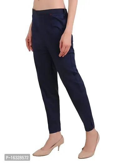 EZIA OUTFIT Women's Straight Fit Trousers Cotton Pants for Women Regular Elastic Waist Ankle Length Casual Pant with One Side Pocket Navy Blue-thumb4