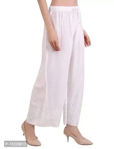 EZIA OUTFIT Women's Rayon Chiken Emboridered with Half Chikankari Art Work White Palazzo for Women-thumb5