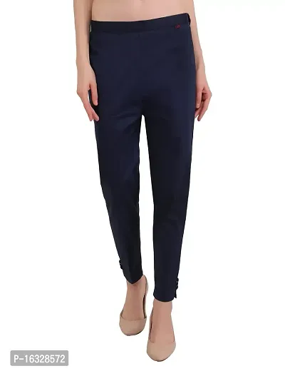 EZIA OUTFIT Women's Straight Fit Trousers Cotton Pants for Women Regular Elastic Waist Ankle Length Casual Pant with One Side Pocket Navy Blue-thumb0