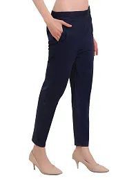 EZIA OUTFIT Women's Straight Fit Trousers Cotton Pants for Women Regular Elastic Waist Ankle Length Casual Pant with One Side Pocket Navy Blue-thumb2