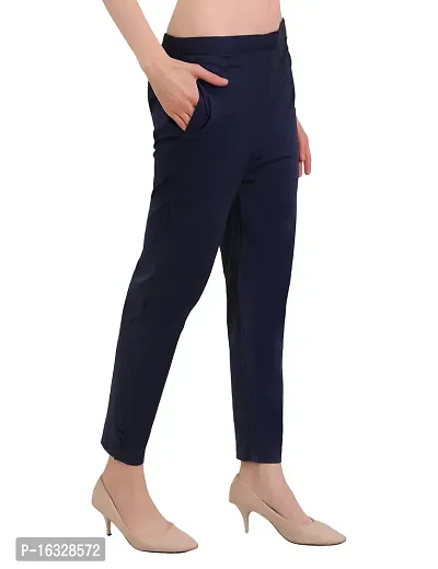 EZIA OUTFIT Women's Straight Fit Trousers Cotton Pants for Women Regular Elastic Waist Ankle Length Casual Pant with One Side Pocket Navy Blue-thumb3