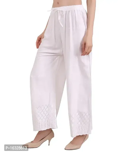 EZIA OUTFIT Women's Rayon Chiken Emboridered with Half Chikankari Art Work White Palazzo for Women-thumb2