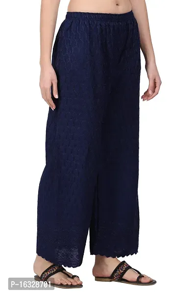 EZIA OUTFIT Chikankari Rayon Wide-Leg Palazzo (Navy Blue)-thumb4