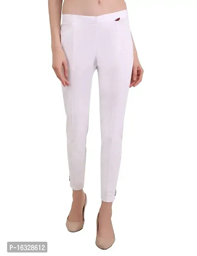 EZIA OUTFIT Women's Premium Cotton Ankle Length Regular fit Pant | Straight Slim Fit Trousers White