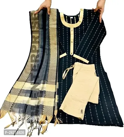 Stylish Cotton Kurti Set with Dupatta for Women (Pack of-1) (Large, Black)