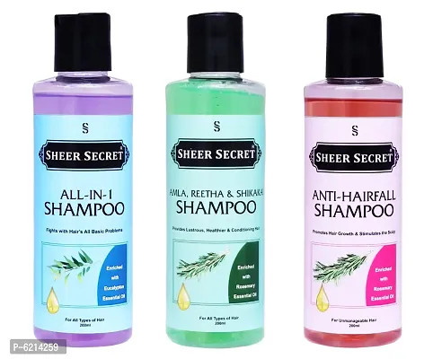 All In One Shampoo- 200 ml, Amla Reetha Shikakai Shampoo 200 ml and Anti Hairball Shampoo 200 ml