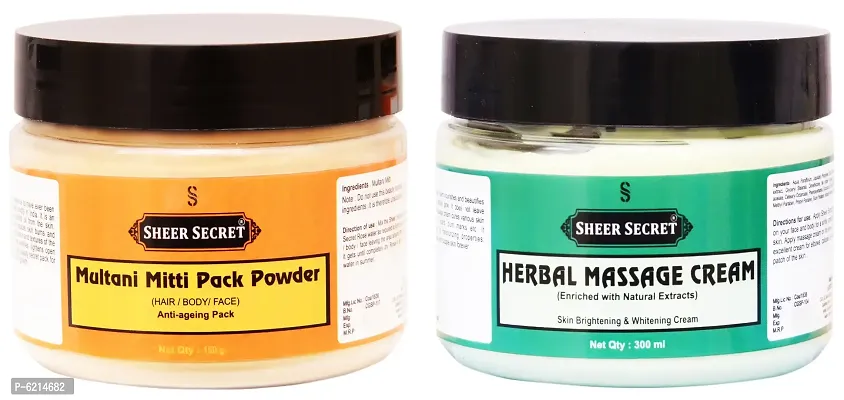Multani Mitti Pack Powder 150 Grams and Herbal Massage Cream 300 ml