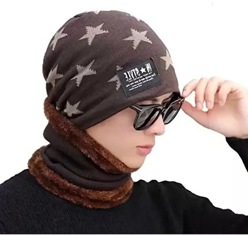 AlexVyan Brown Star Ultra Soft Unisex Woolen Beanie Cap and Scarf Set for Men Women Girl Boy - Warm, Snow Proof - 20 Degree Temperature