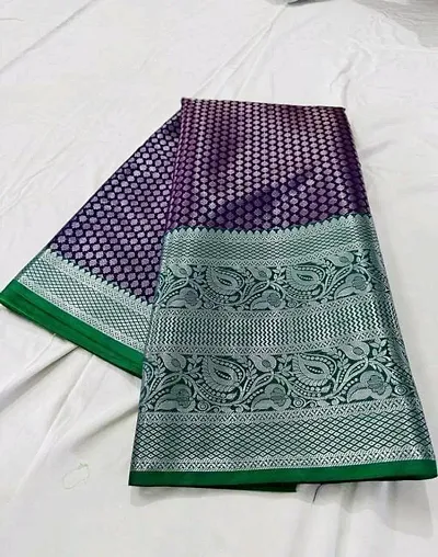 Kanchipuram Pattu Silver Zari Big Border Brocade Silk Sarees with Blouse Piece