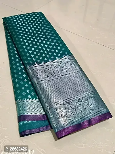 Kanchipuram Pattu Silver Zari Big Border Brocade Silk Saree with Blouse Piece-thumb2