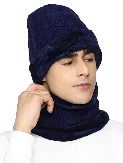 youthcrush Winter Cap for Men with Neck Set Stylish Woolen Cap for Women Men in Winter Thermal Head Winter Cap for Man Branded Long Warm Cap for Winter Woolen Winter Caps, Topa, Bennies (Blue)