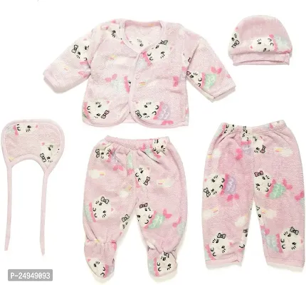 Stylish Cotton Silk Clothing Set For Infants- Top, 2 Bottom, Bib, Cap