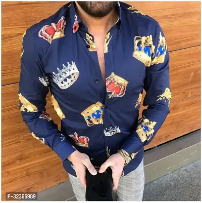 Reliable Navy Blue Polycotton Printed Long Sleeves Casual Shirt For Men-thumb0