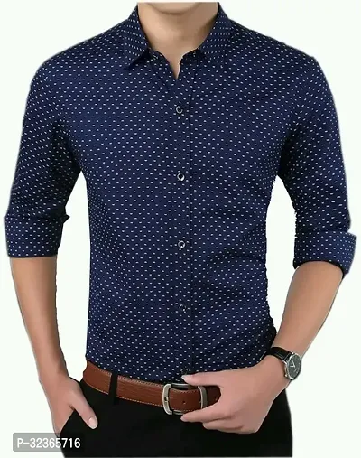 Reliable Navy Blue Cotton Blend Printed Long Sleeves Casual Shirt For Men-thumb0