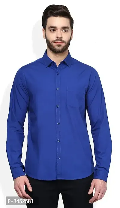 Men's Blue Cotton Solid Long Sleeves Regular Fit Casual Shirt-thumb0