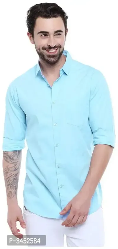 Men's Blue Cotton Solid Long Sleeves Regular Fit Casual Shirt-thumb0