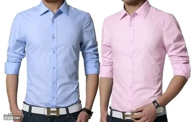 Men's Multicoloured Cotton Solid Long Sleeves Regular Fit Casual Shirt (Pack of 2)-thumb0