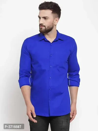 Men's Blue Cotton Solid Long Sleeves Regular Fit Casual Shirt-thumb0