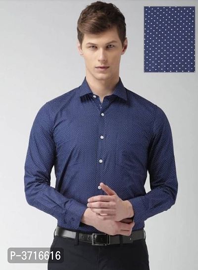 Navy Blue Cotton Printed Casual Shirts For Men