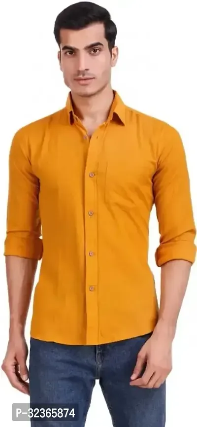 Reliable Golden Cotton Solid Long Sleeves Casual Shirt For Men-thumb0