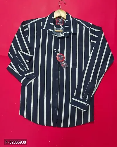 Reliable Navy Blue Cotton Striped Long Sleeves Casual Shirt For Men-thumb3