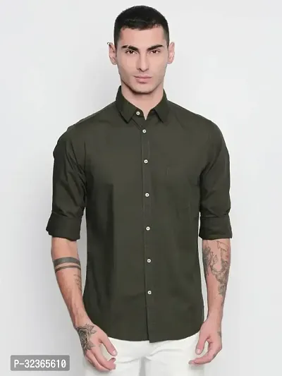 Reliable Olive Cotton Solid Long Sleeves Casual Shirt For Men