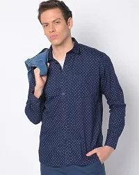 Reliable Navy Blue Cotton Blend Printed Long Sleeves Casual Shirt For Men-thumb2