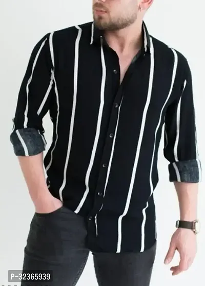 Reliable Black Cotton Striped Long Sleeves Casual Shirt For Men-thumb0