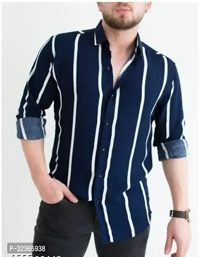 Reliable Navy Blue Cotton Striped Long Sleeves Casual Shirt For Men-thumb0