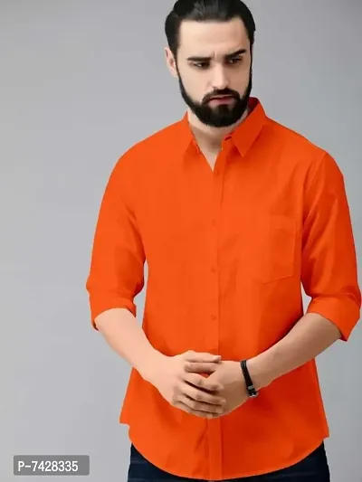 Orange Cotton Solid Casual Shirts For Men