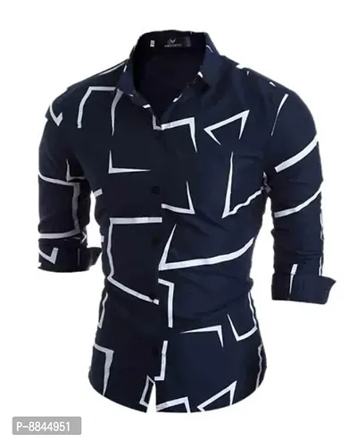 Navy Blue Cotton Printed Casual Shirts For Men-thumb0